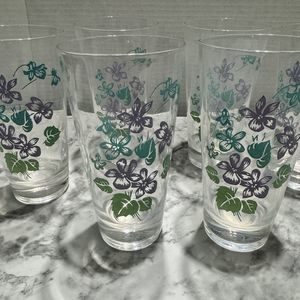 Vintage Violet Print 12oz Drinking Glass/Tumbler, Set Of 6, Lavender/Teal/Green